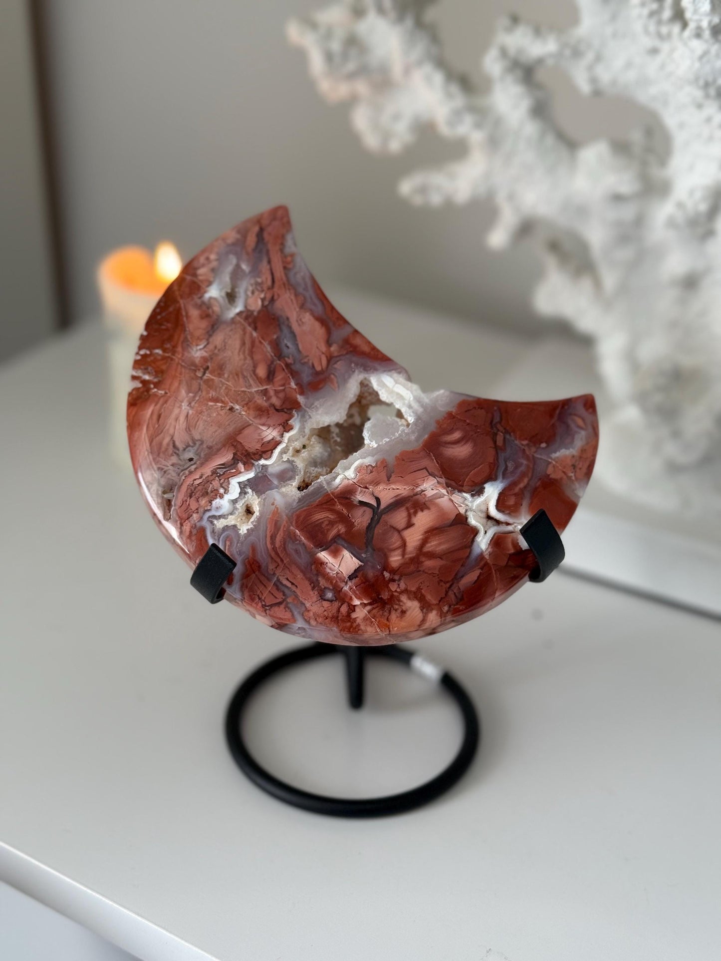 Pink Agate Cotton Candy Agate Moon with Druzy on a Stand - Mineral Specimen Crystal Gift