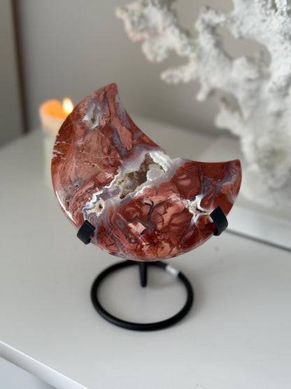 Pink Agate Cotton Candy Agate Moon with Druzy on a Stand - Mineral Specimen Crystal Gift