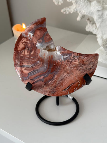 Pink Agate Cotton Candy Agate Moon with Druzy on a Stand - Mineral Specimen Crystal Gift