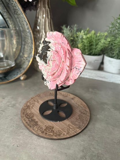 Peruvian Rhodonite Flower Sculpture with Stand - Crystal Healing Decor