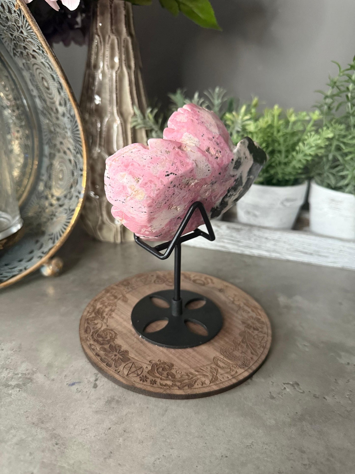 Peruvian Rhodonite Flower Sculpture with Stand - Crystal Healing Decor