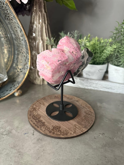 Peruvian Rhodonite Flower Sculpture with Stand - Crystal Healing Decor