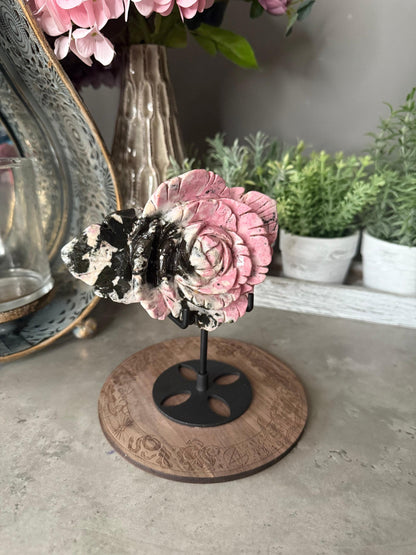 Peruvian Rhodonite Flower Sculpture with Stand - Crystal Healing Decor