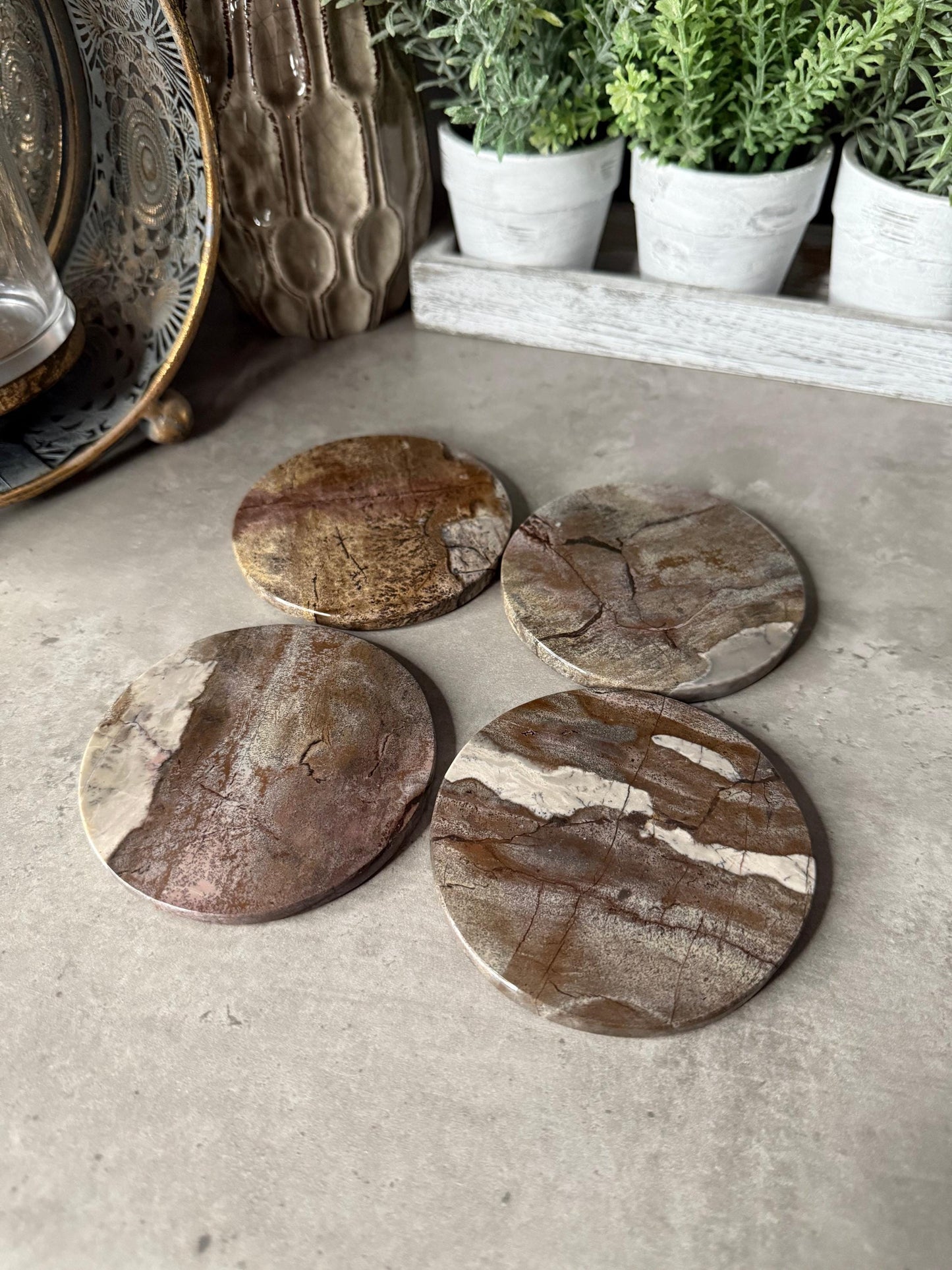Picture Jasper Coaster Set: Polished Stone Coasters, Earth Tone Decor