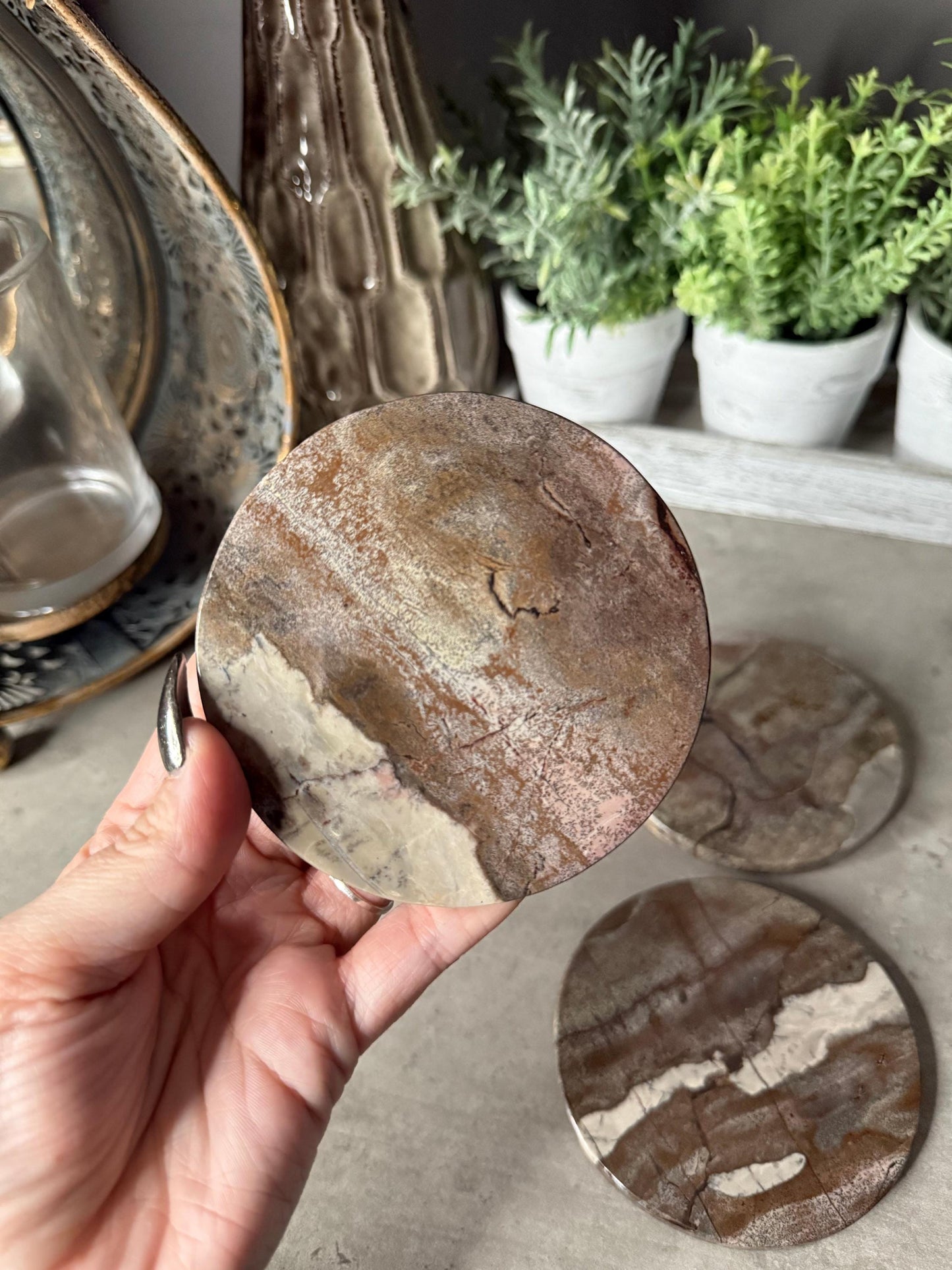 Picture Jasper Coaster Set: Polished Stone Coasters, Earth Tone Decor