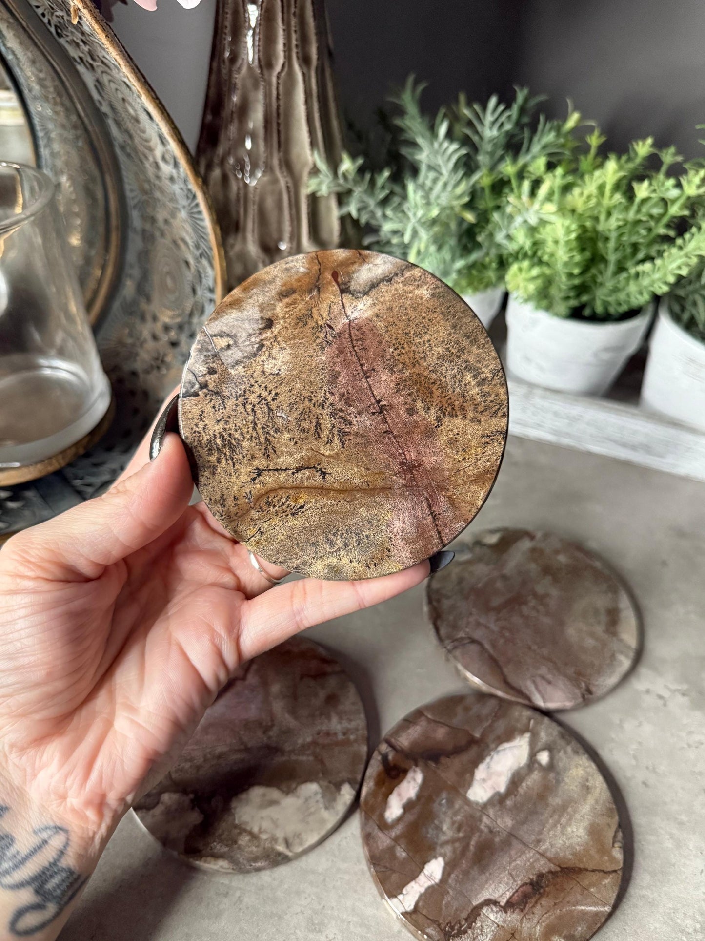 Picture Jasper Coaster Set: Polished Stone Coasters, Earth Tone Decor