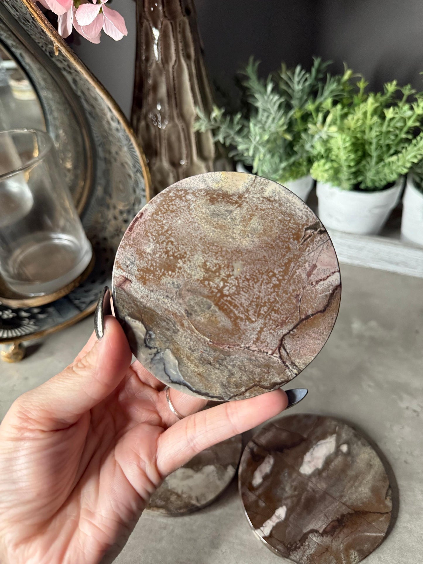 Picture Jasper Coaster Set: Polished Stone Coasters, Earth Tone Decor