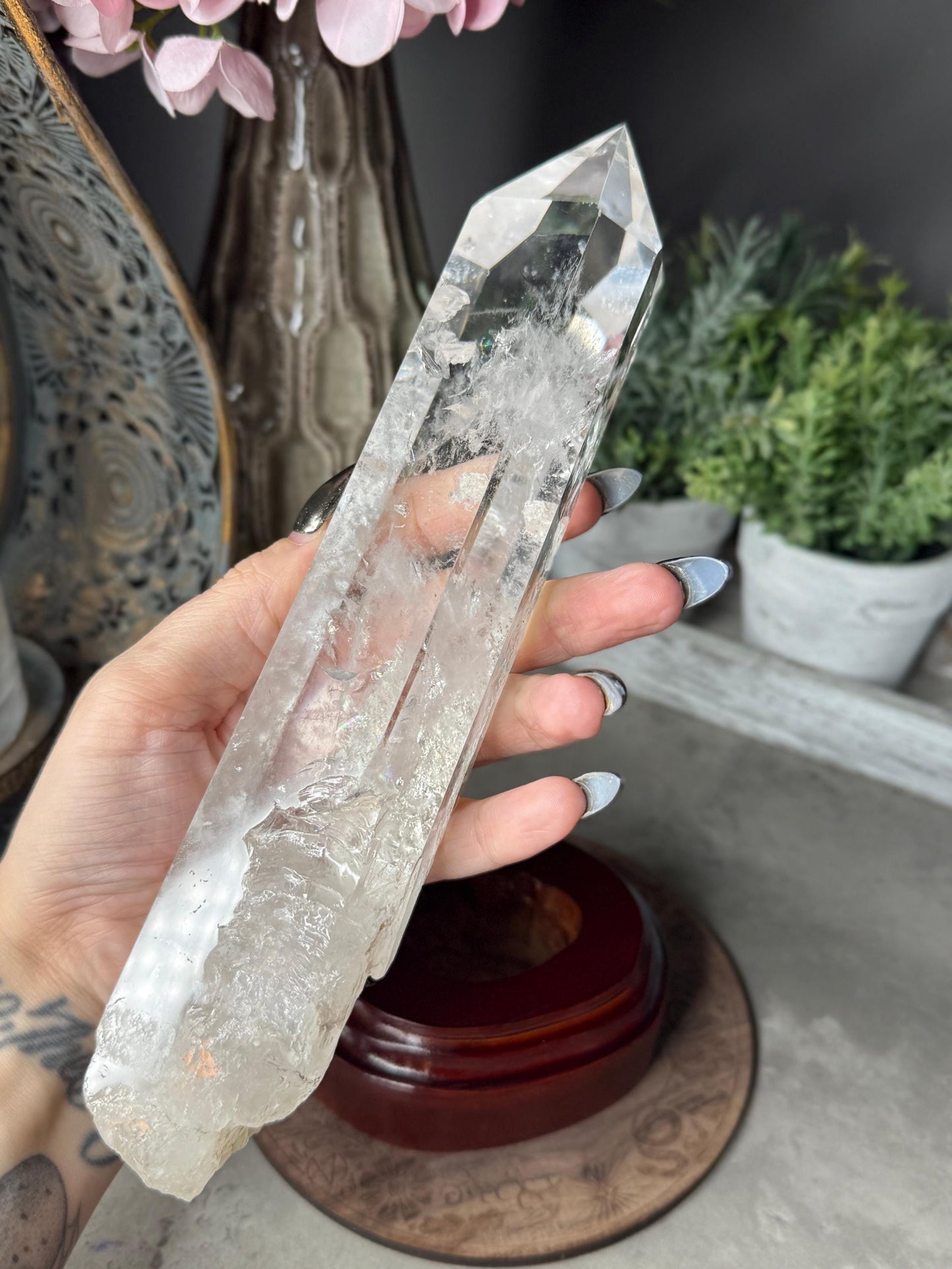 Clear Quartz Point Crystal with Custom Stand - Chipped Tip
