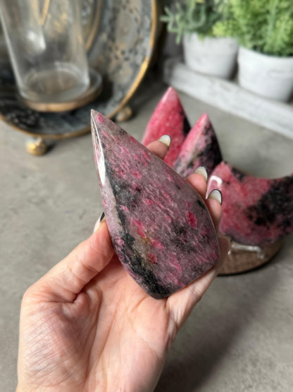 Rhodonite Teardrop, Moon, Tower Crystal Carvings