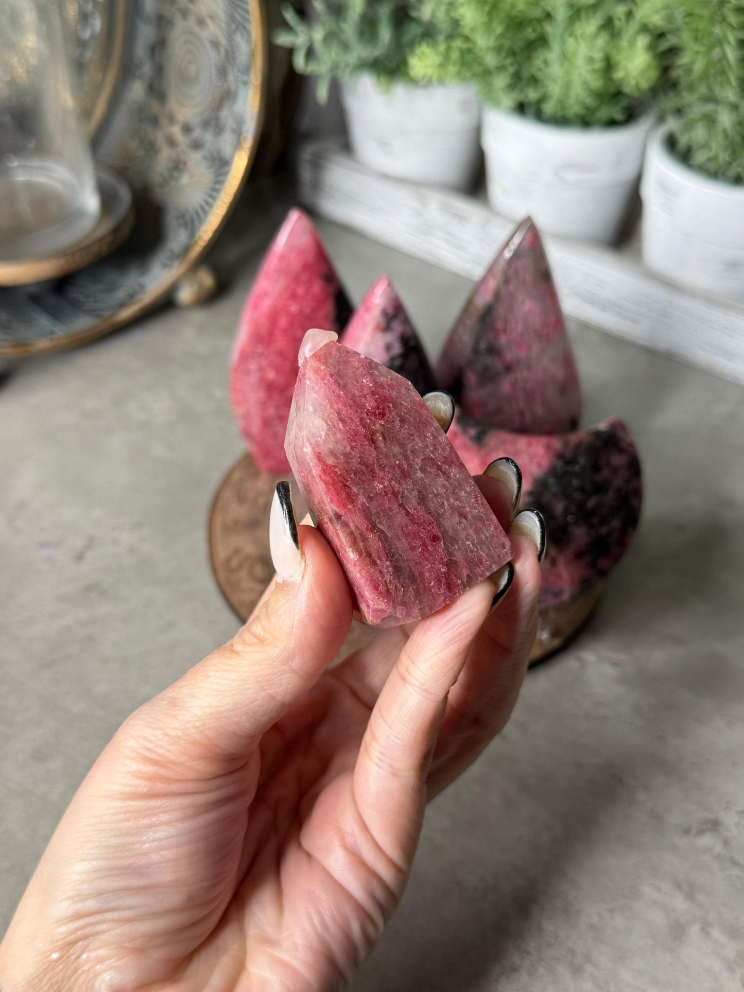 Rhodonite Teardrop, Moon, Tower Crystal Carvings