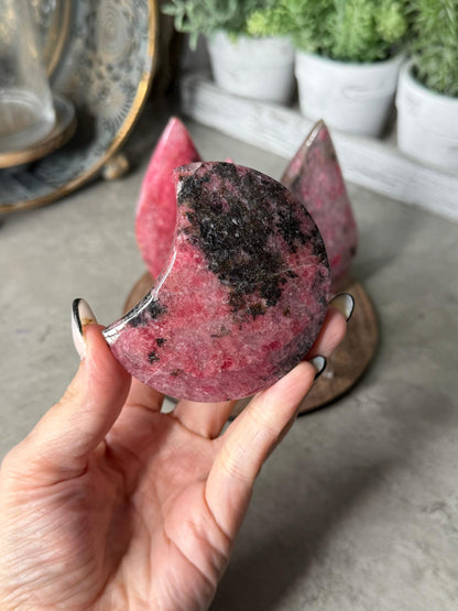 Rhodonite Teardrop, Moon, Tower Crystal Carvings