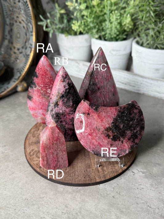 Rhodonite Teardrop, Moon, Tower Crystal Carvings