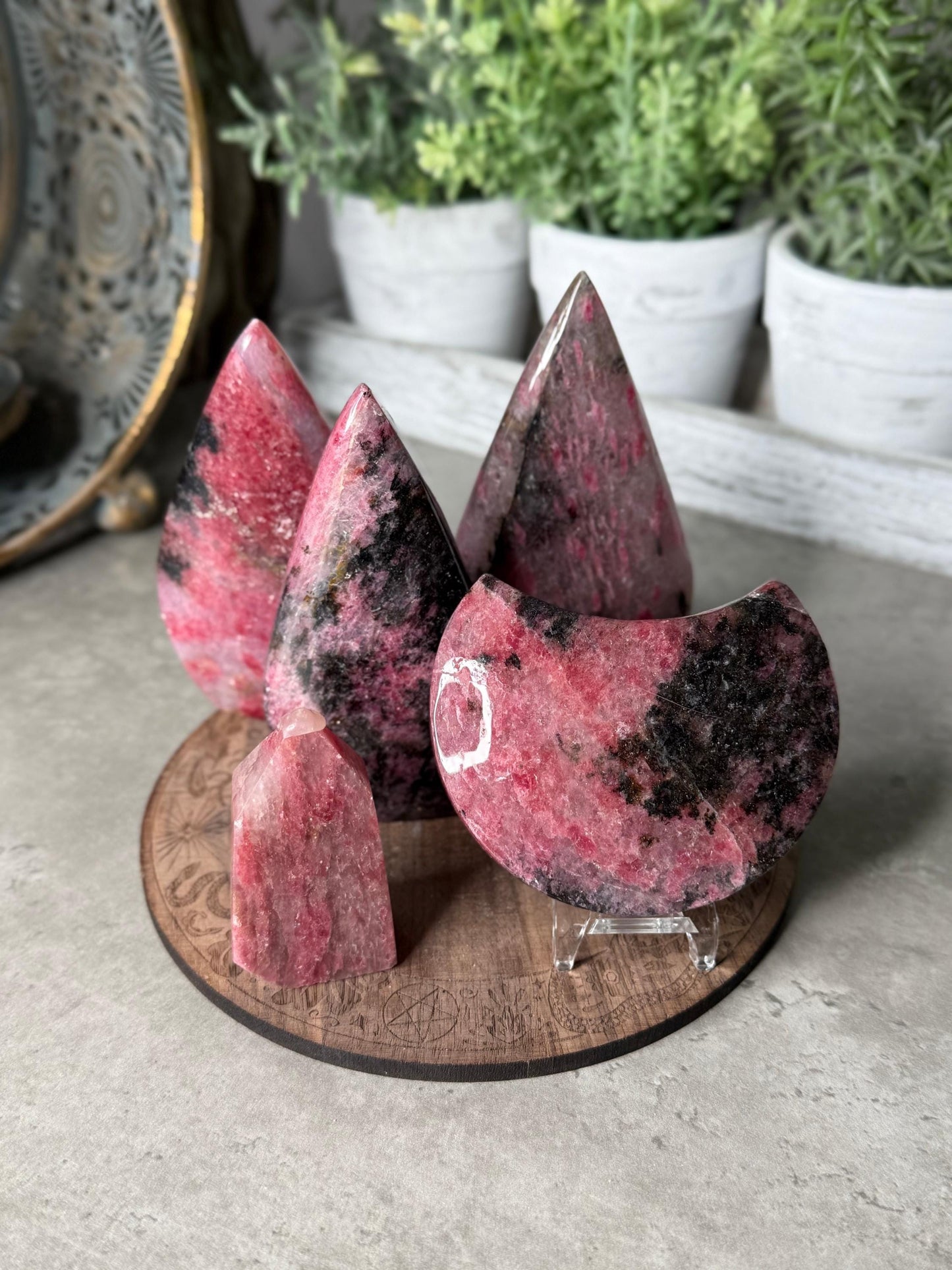 Rhodonite Teardrop, Moon, Tower Crystal Carvings