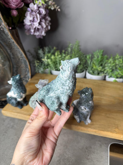Moss Agate Crystal Wolf Carvings Wolves