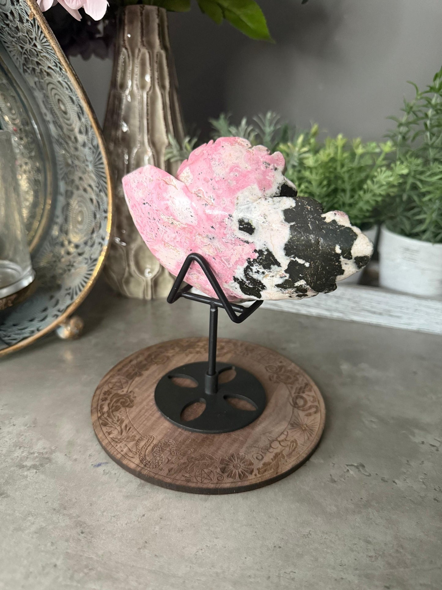 Peruvian Rhodonite Flower Sculpture with Stand - Crystal Healing Decor