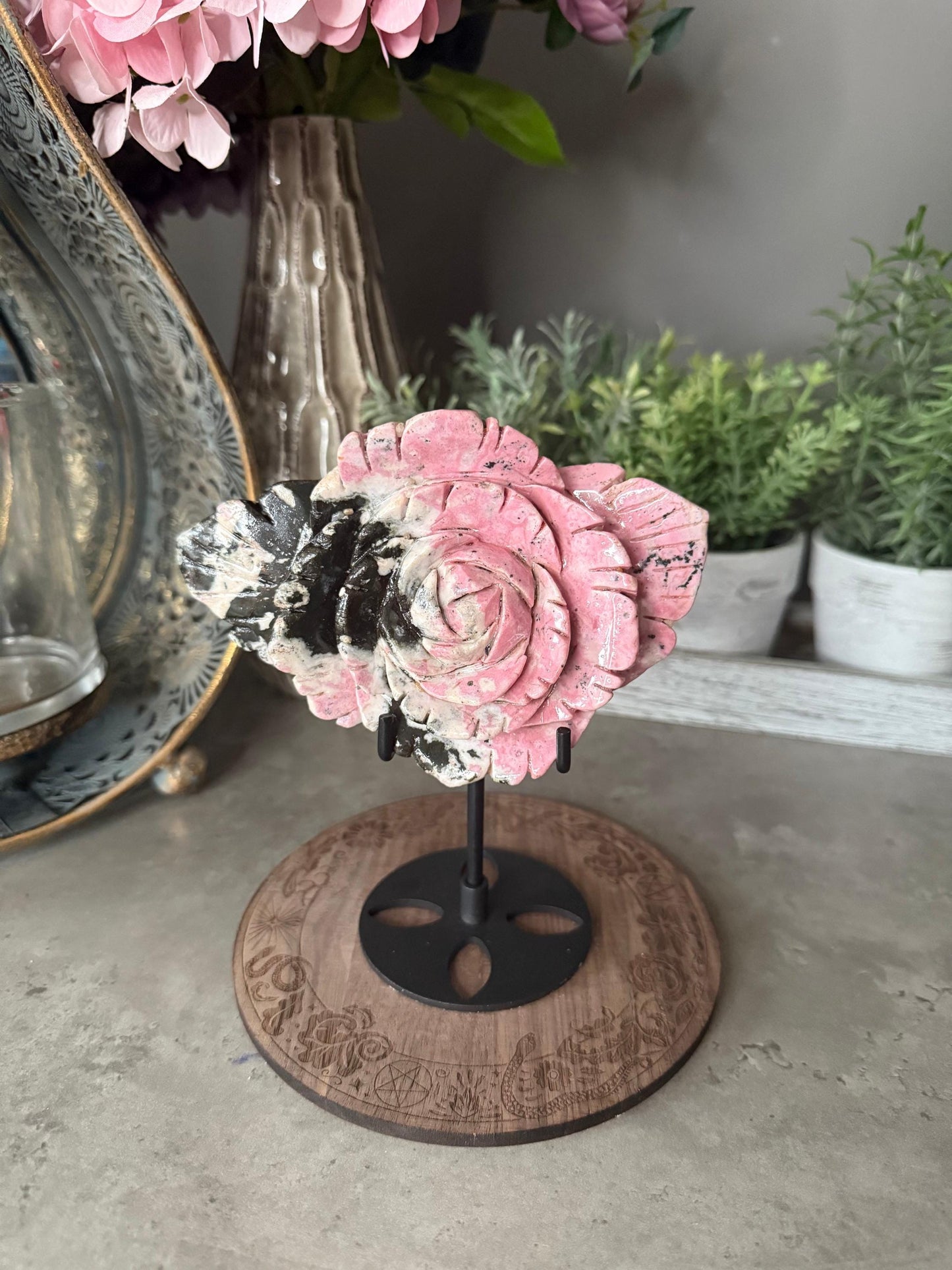 Peruvian Rhodonite Flower Sculpture with Stand - Crystal Healing Decor