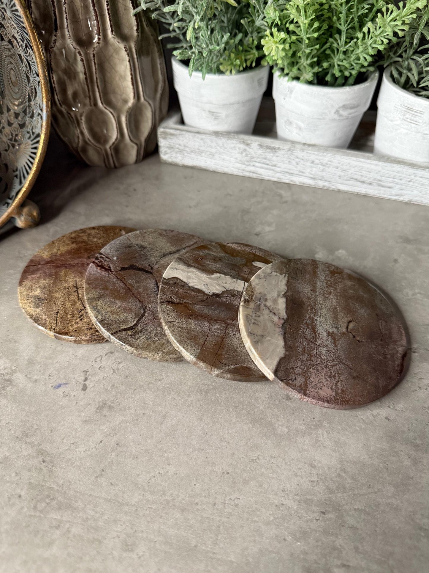 Picture Jasper Coaster Set: Polished Stone Coasters, Earth Tone Decor