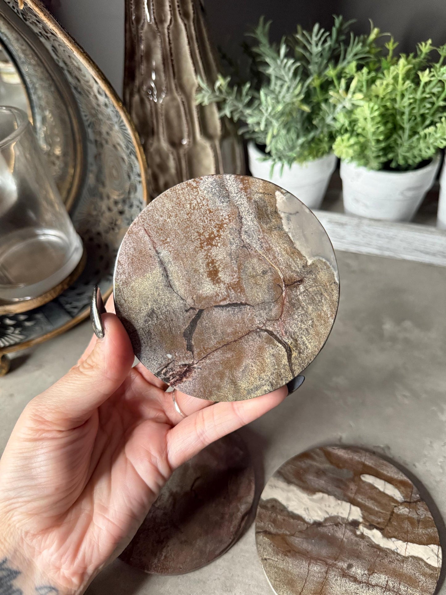 Picture Jasper Coaster Set: Polished Stone Coasters, Earth Tone Decor