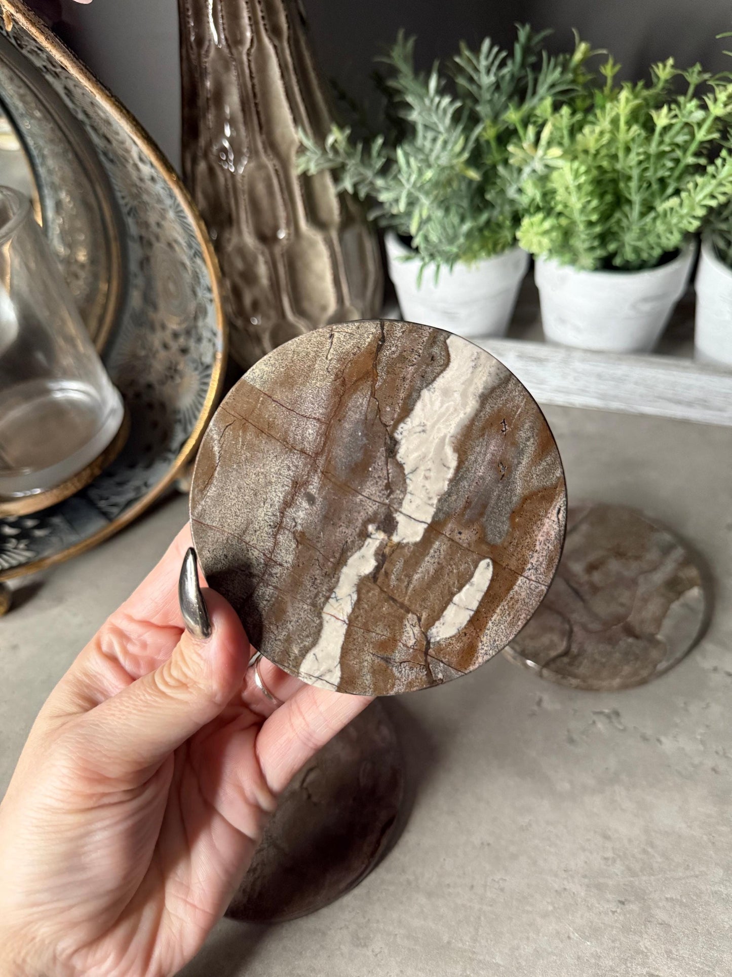Picture Jasper Coaster Set: Polished Stone Coasters, Earth Tone Decor