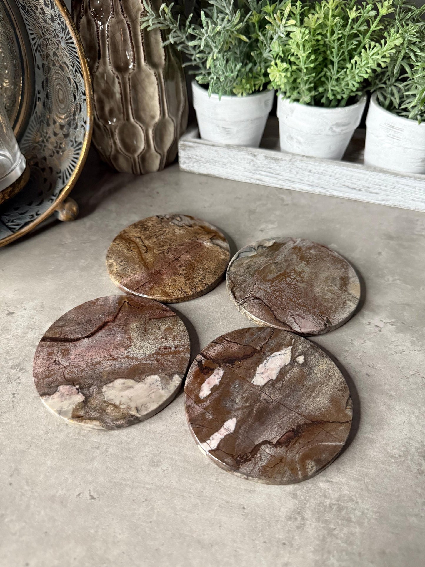 Picture Jasper Coaster Set: Polished Stone Coasters, Earth Tone Decor