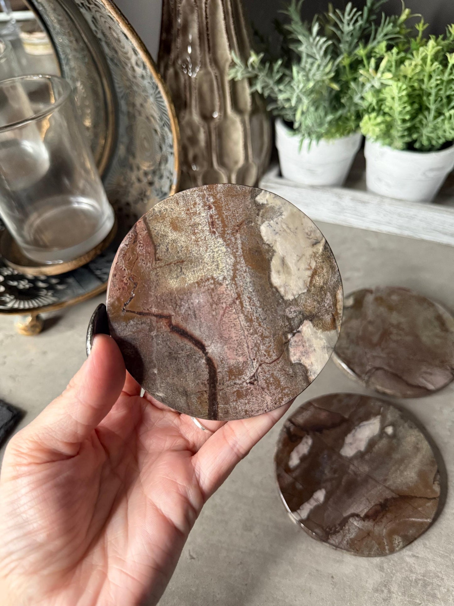 Picture Jasper Coaster Set: Polished Stone Coasters, Earth Tone Decor