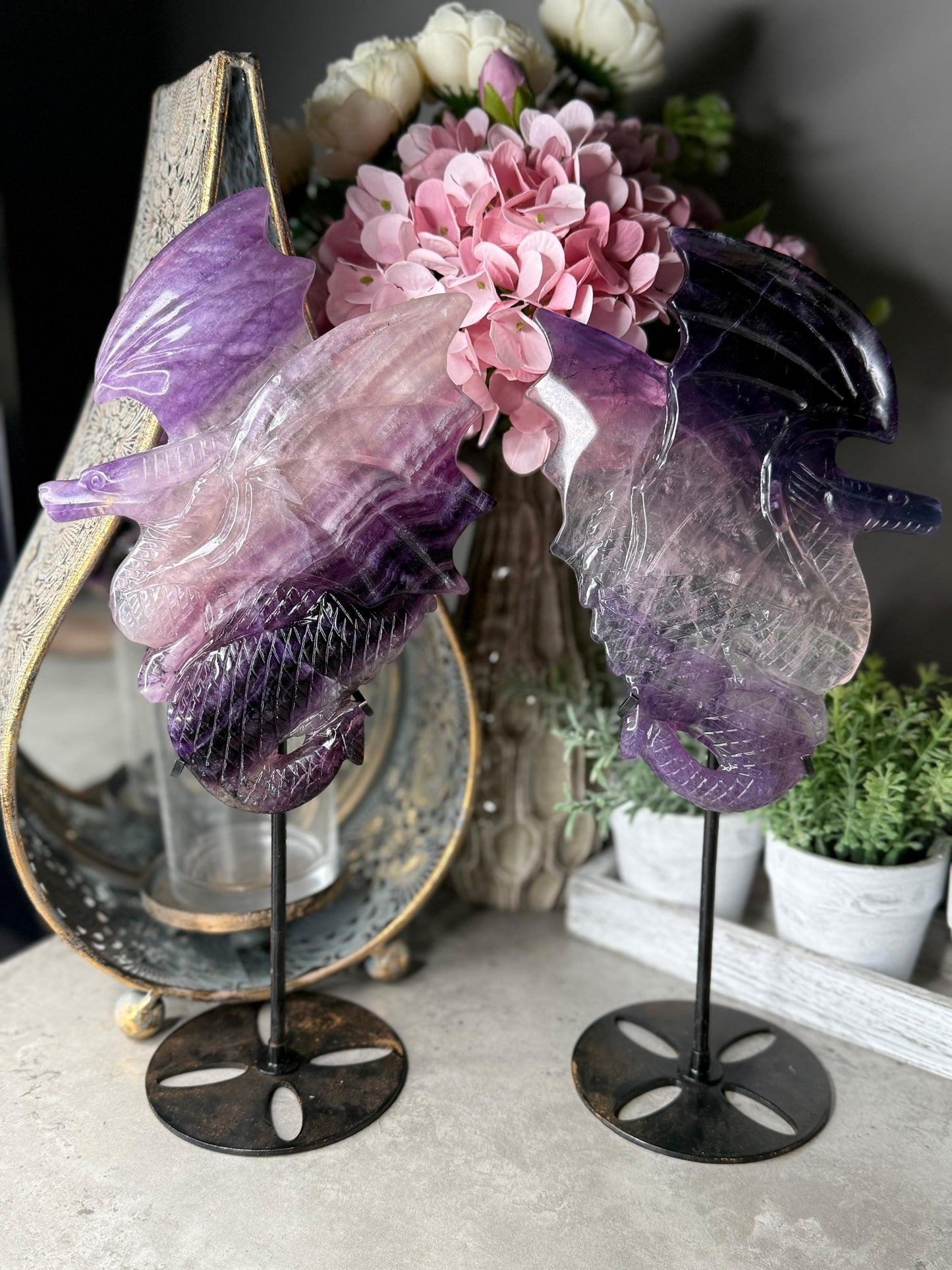 Statement Fluorite Dragon Carvings - Chipped wind Imperfect Stand