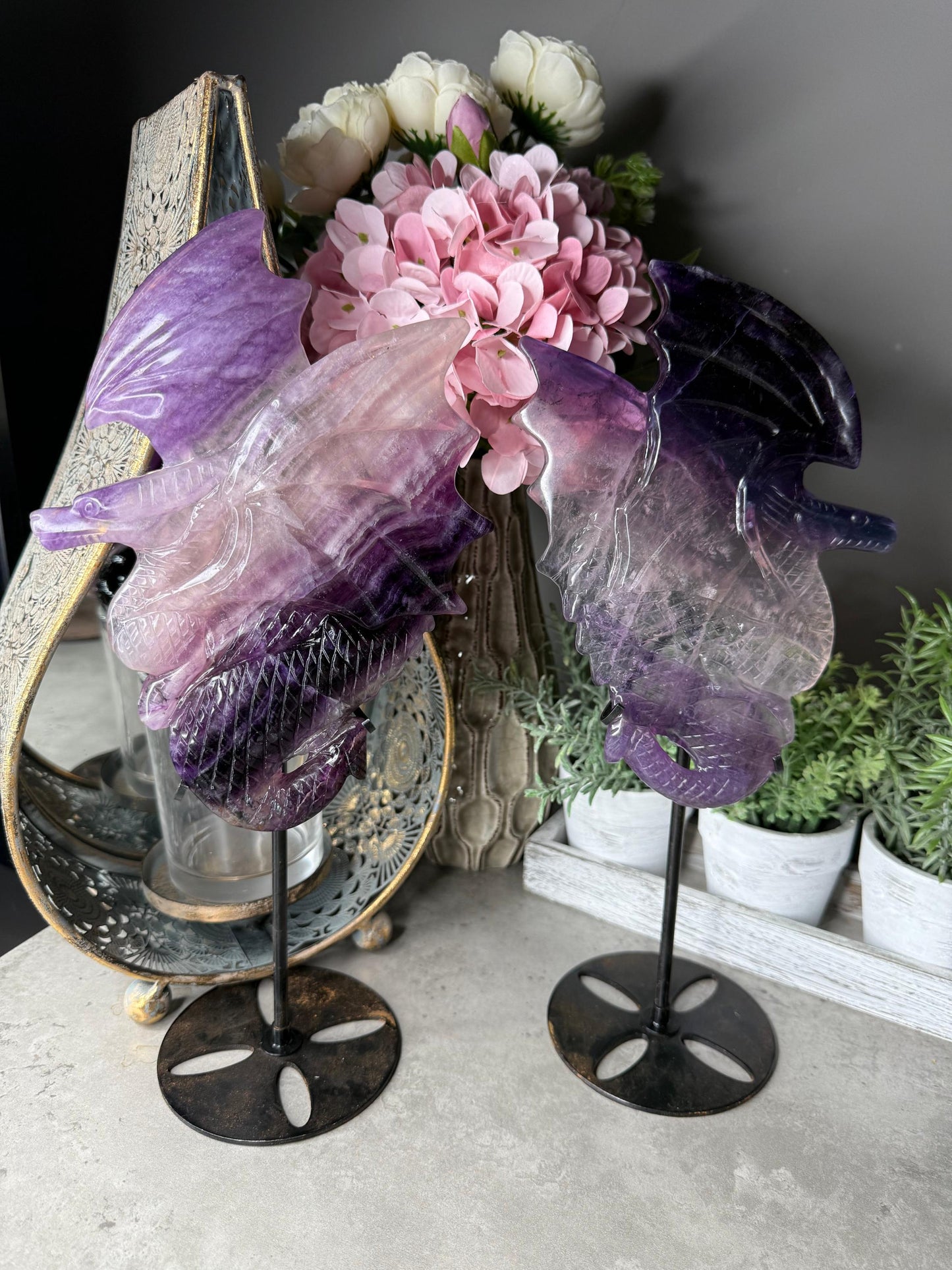 Statement Fluorite Dragon Carvings - Chipped wind Imperfect Stand