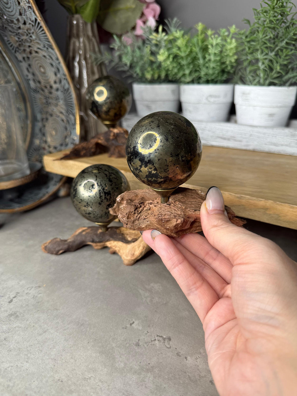 Black Pyrite Crystal Spheres with Stands