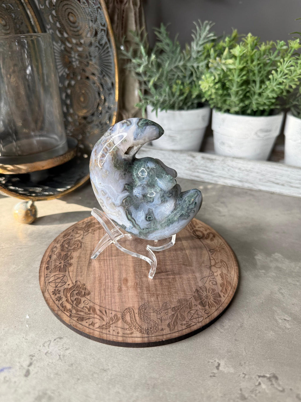 Druzy Moss Agate Moon Bunny