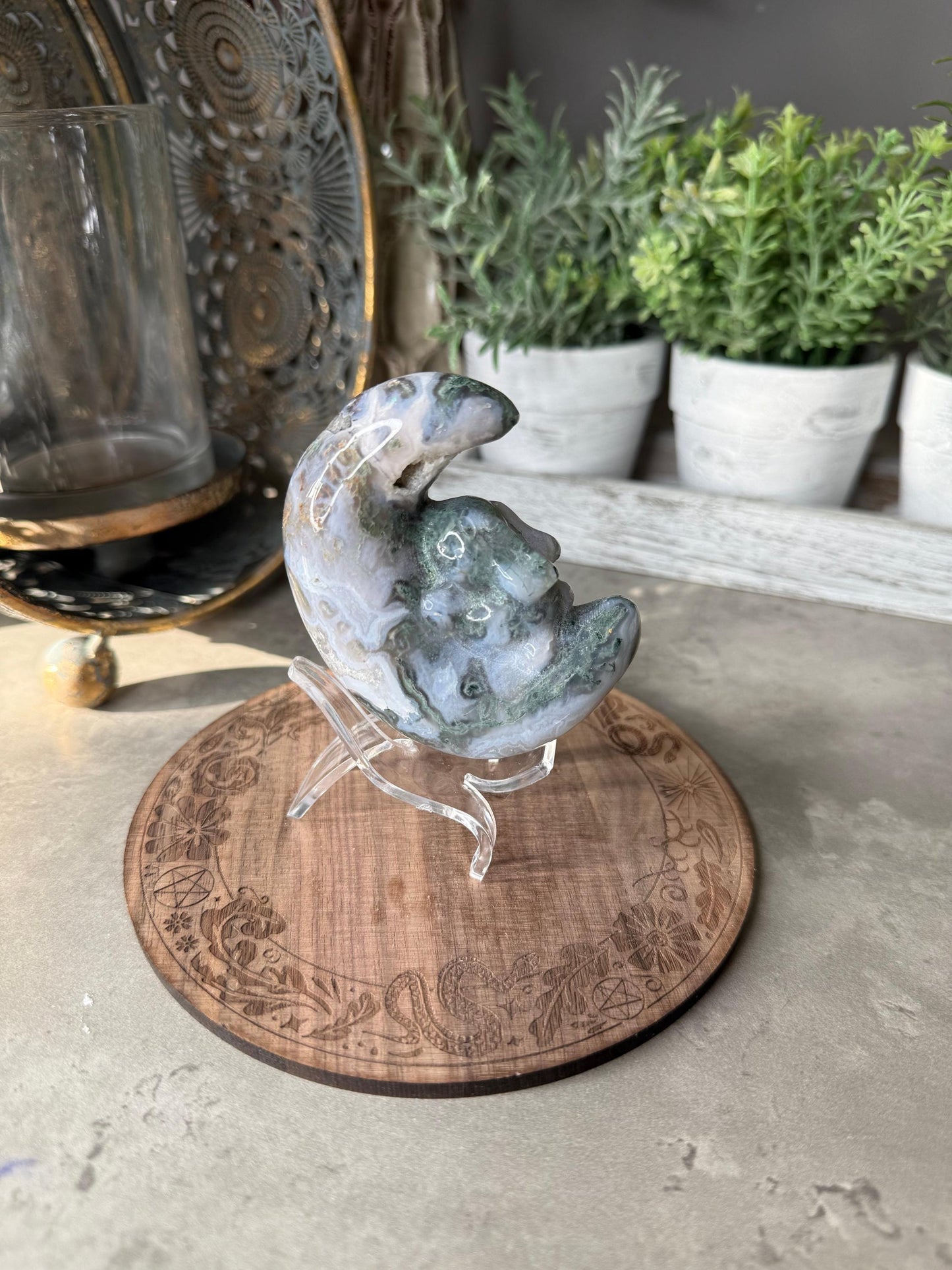 Druzy Moss Agate Moon Bunny