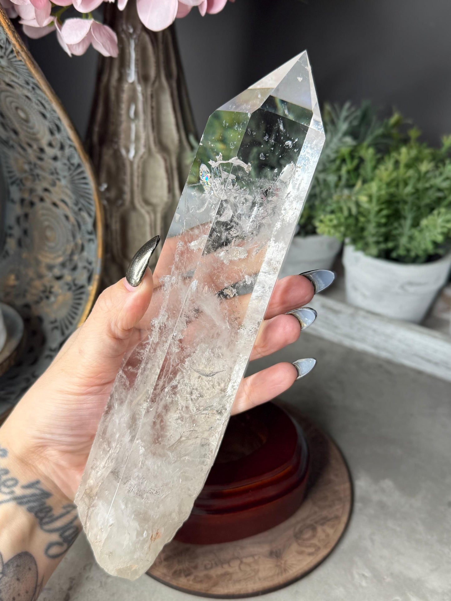 Clear Quartz Point Crystal with Custom Stand - Chipped Tip