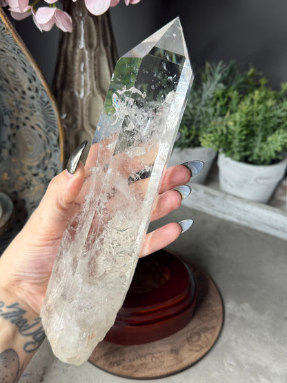 Clear Quartz Point Crystal with Custom Stand - Chipped Tip
