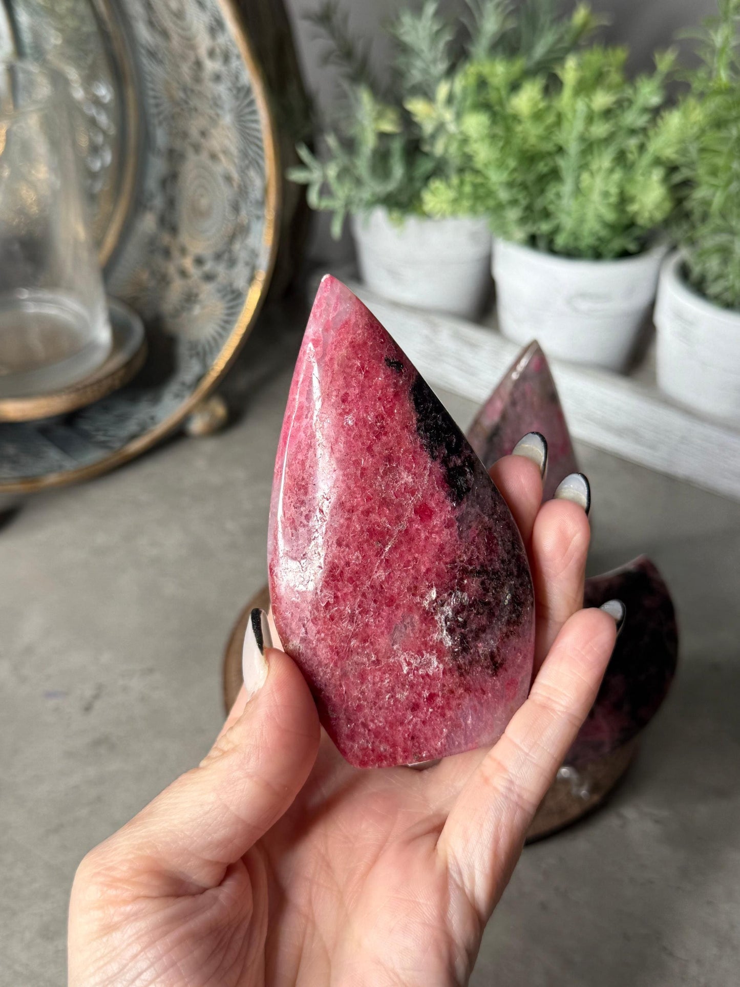 Rhodonite Teardrop, Moon, Tower Crystal Carvings