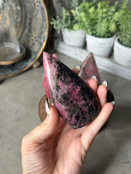 Rhodonite Teardrop, Moon, Tower Crystal Carvings
