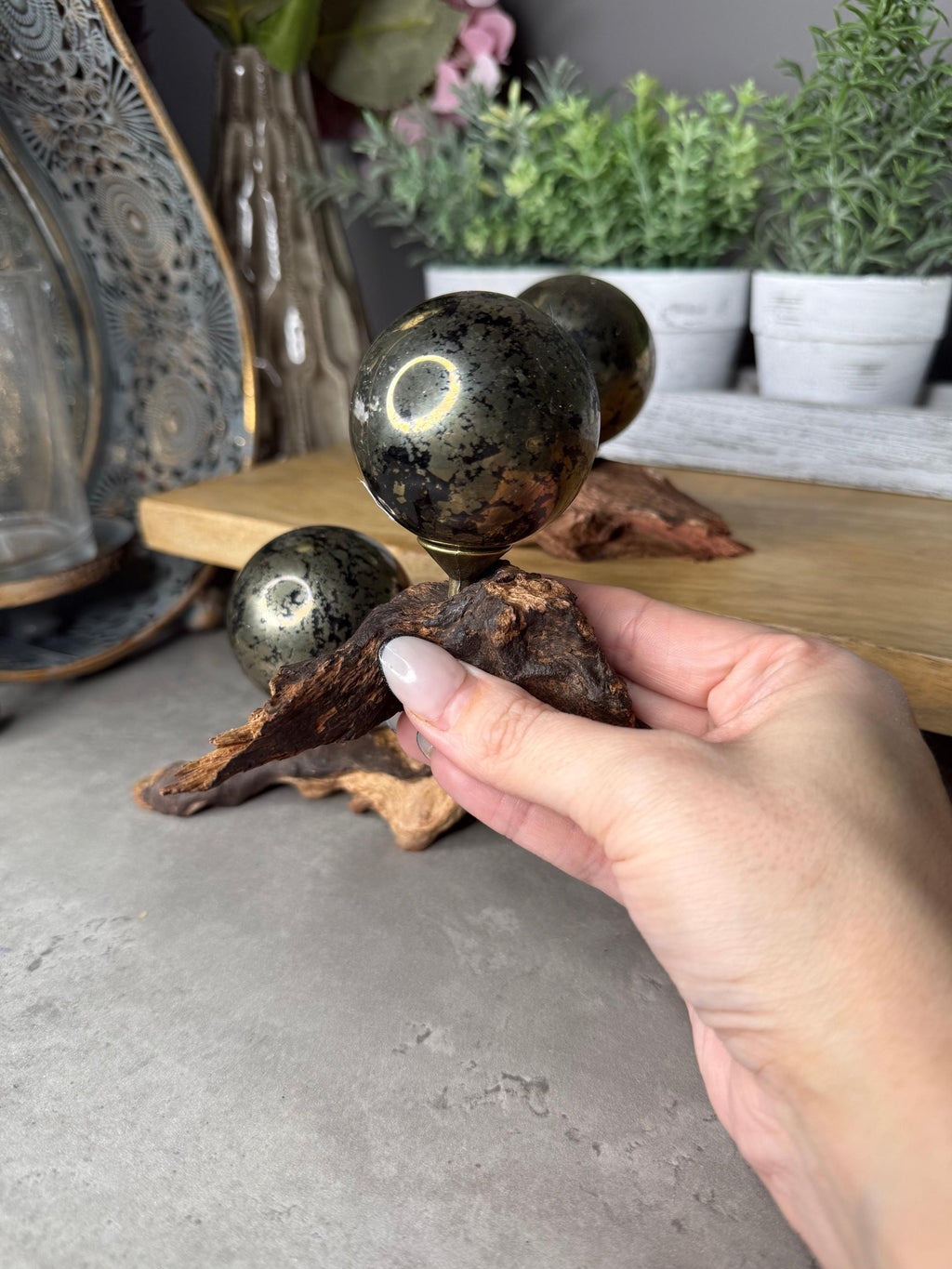 Black Pyrite Crystal Spheres with Stands
