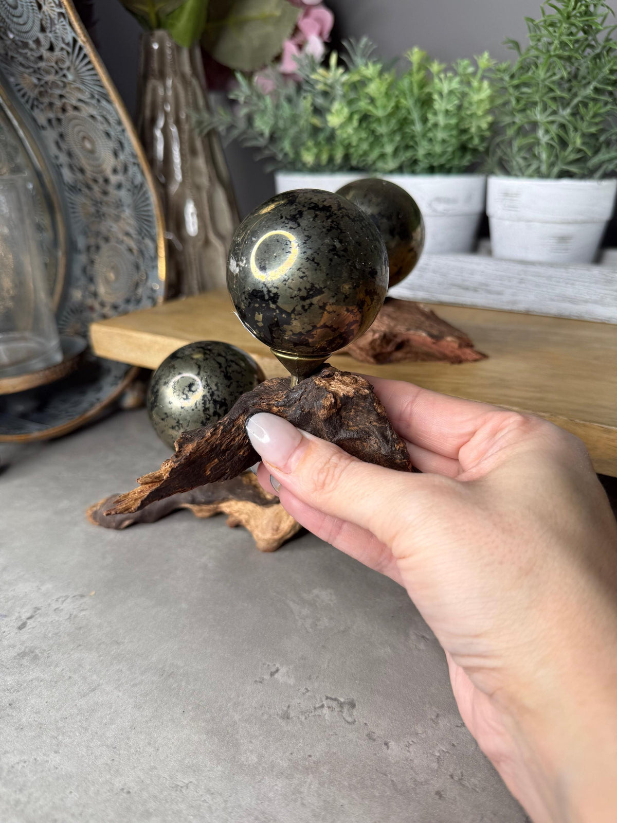 Black Pyrite Crystal Spheres with Stands