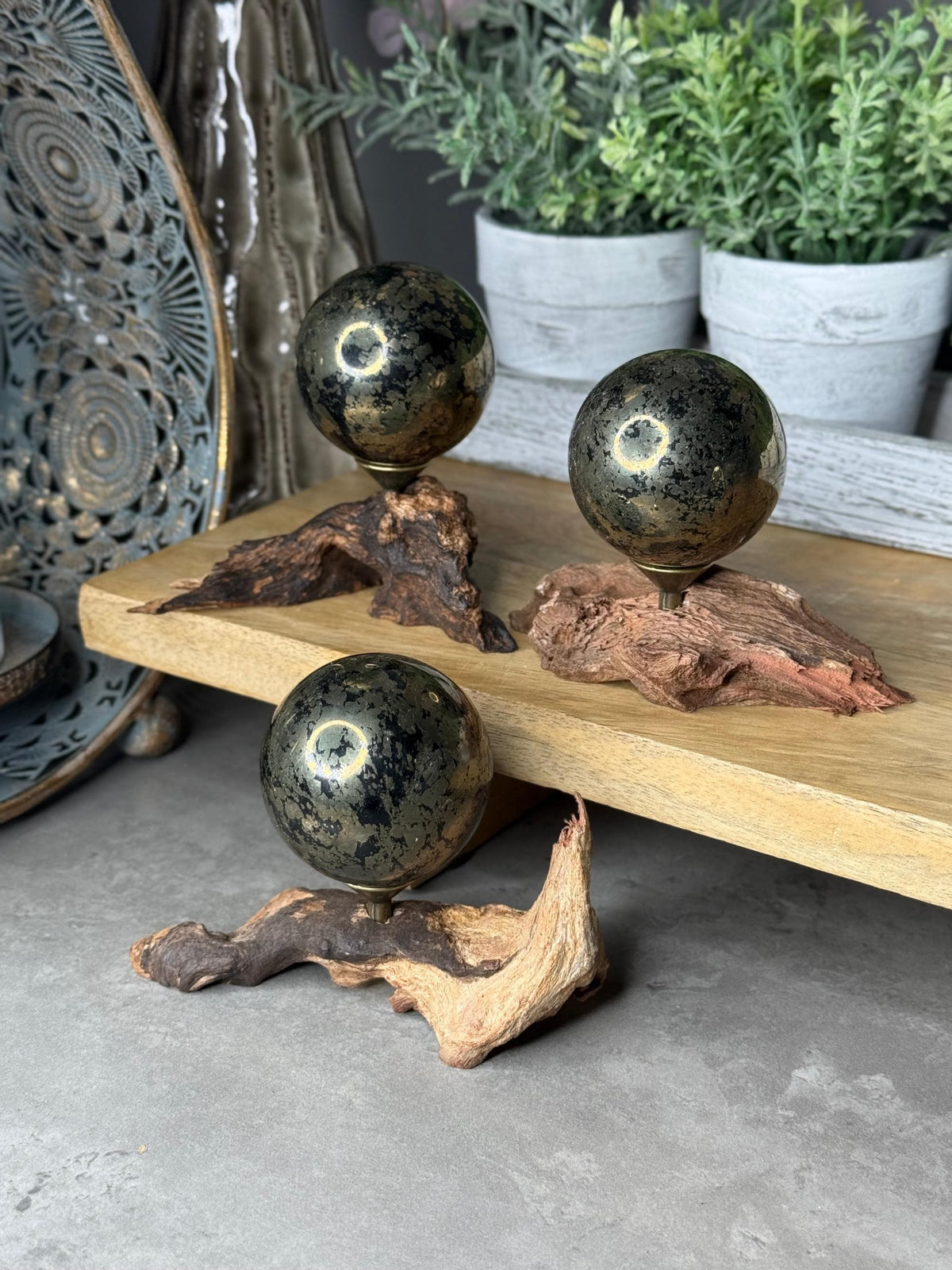 Black Pyrite Crystal Spheres with Stands