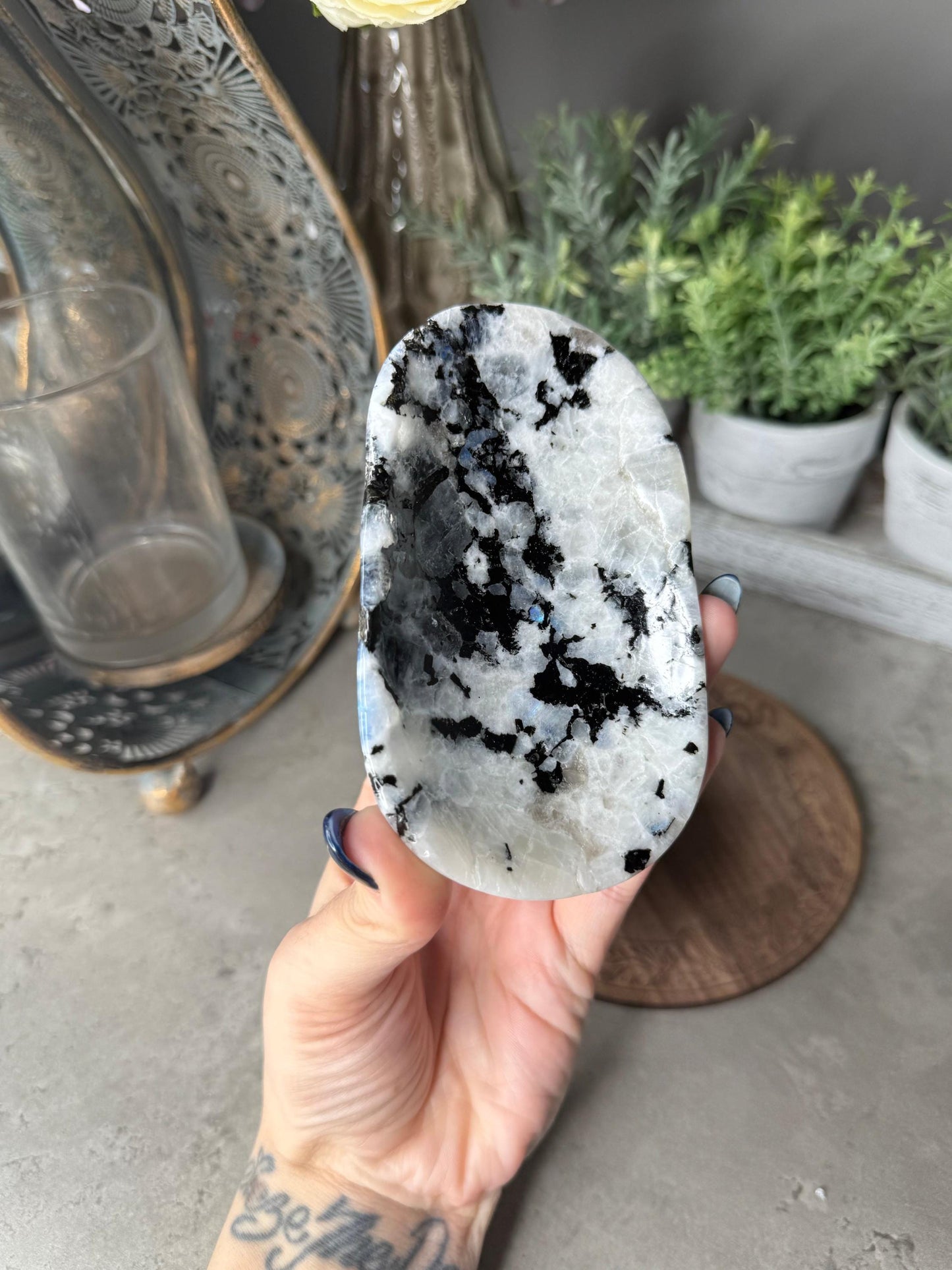 Rainbow Moonstone Crystal Bowl with Pyrite Inclusions
