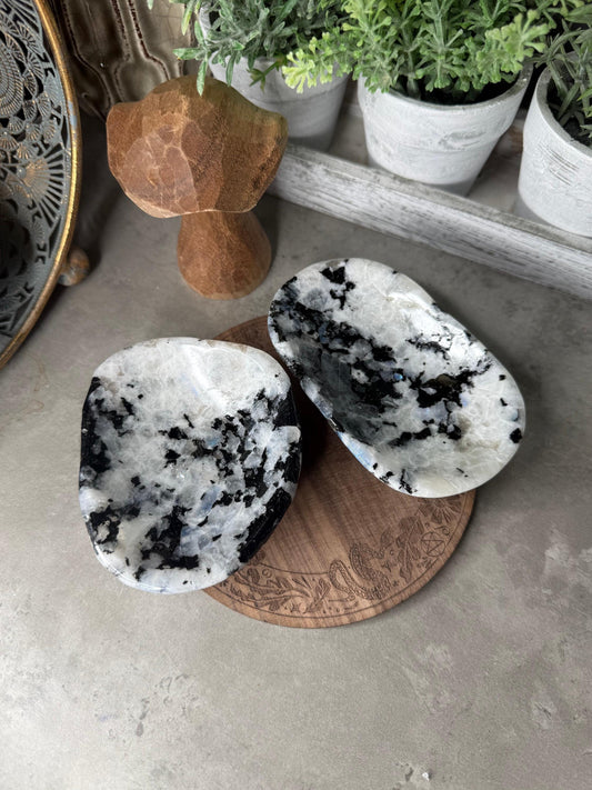 Rainbow Moonstone Crystal Bowl with Pyrite Inclusions