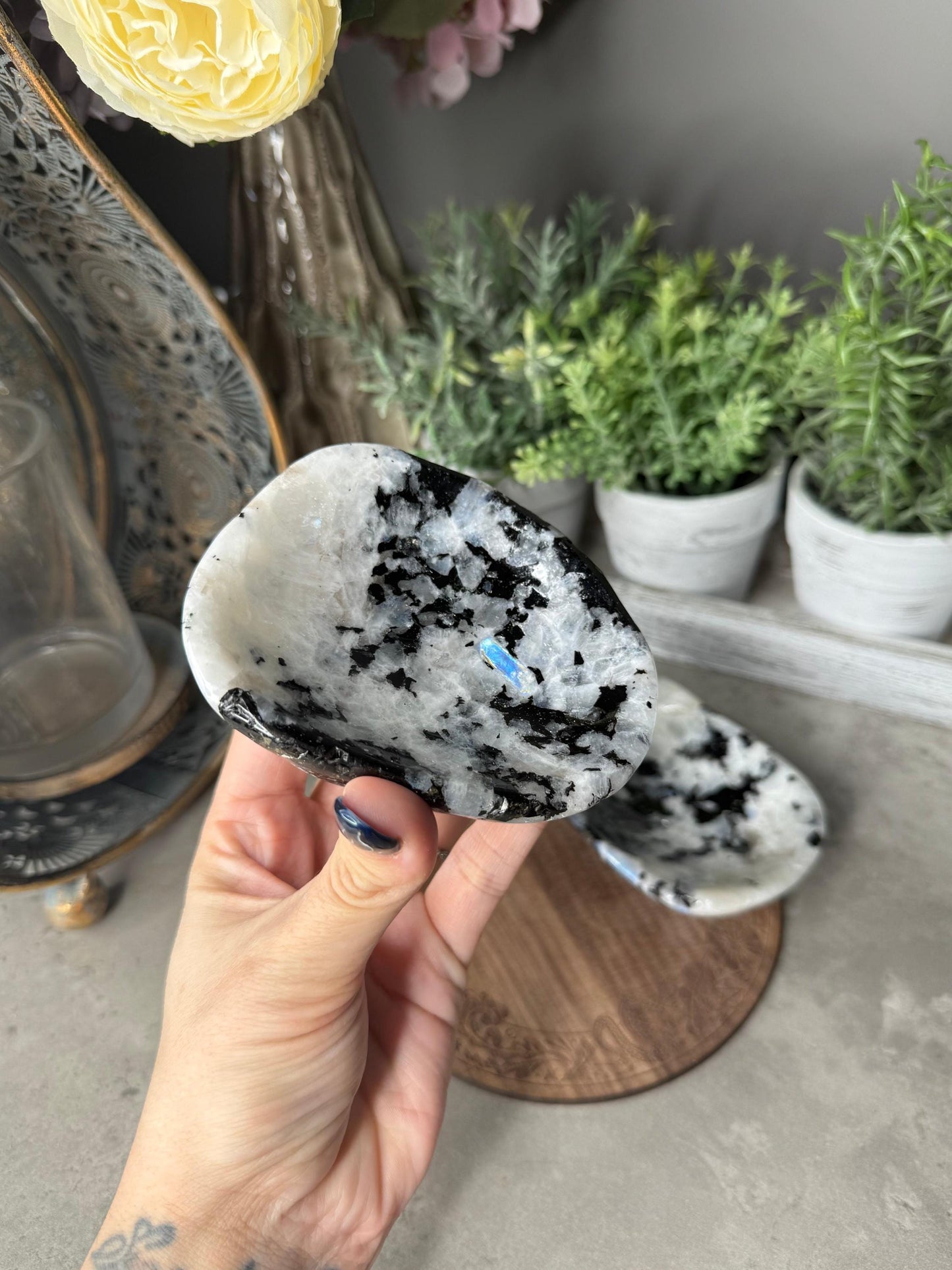 Rainbow Moonstone Crystal Bowl with Pyrite Inclusions