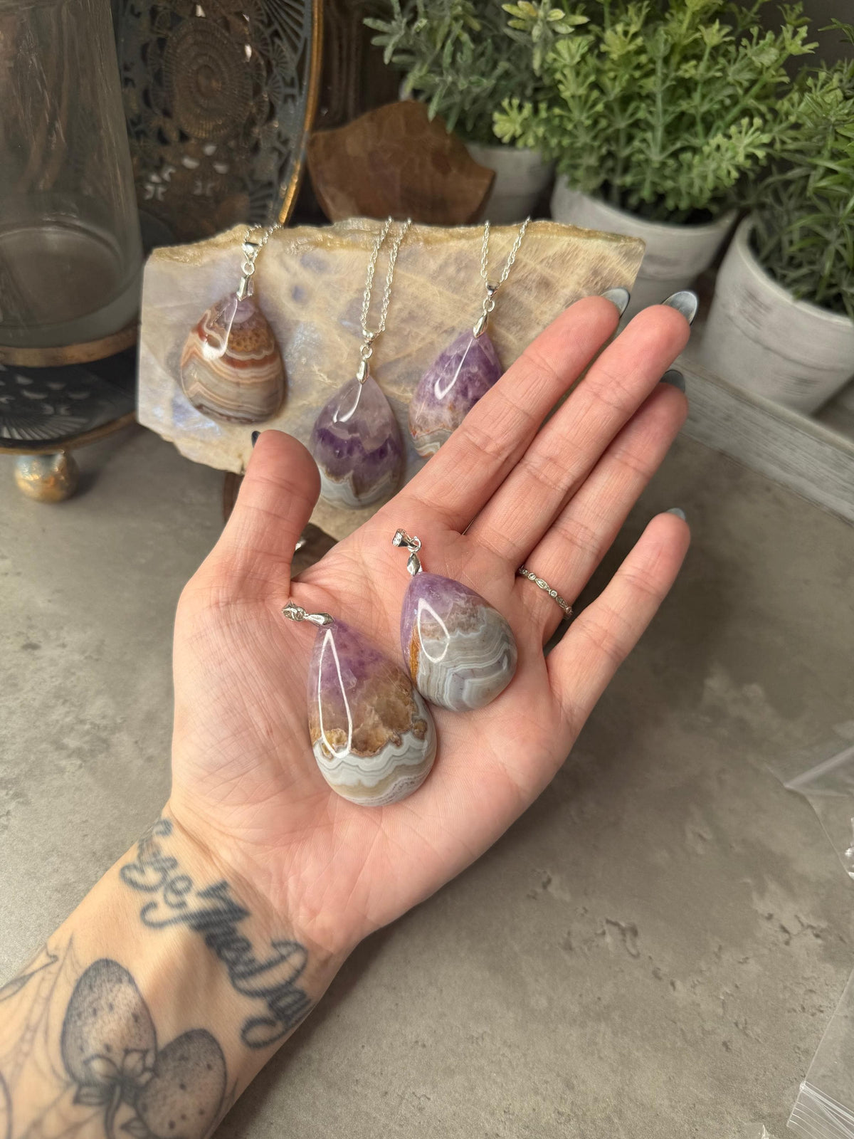 Large Amethyst Agate Silver Crystal Pendants with Chain