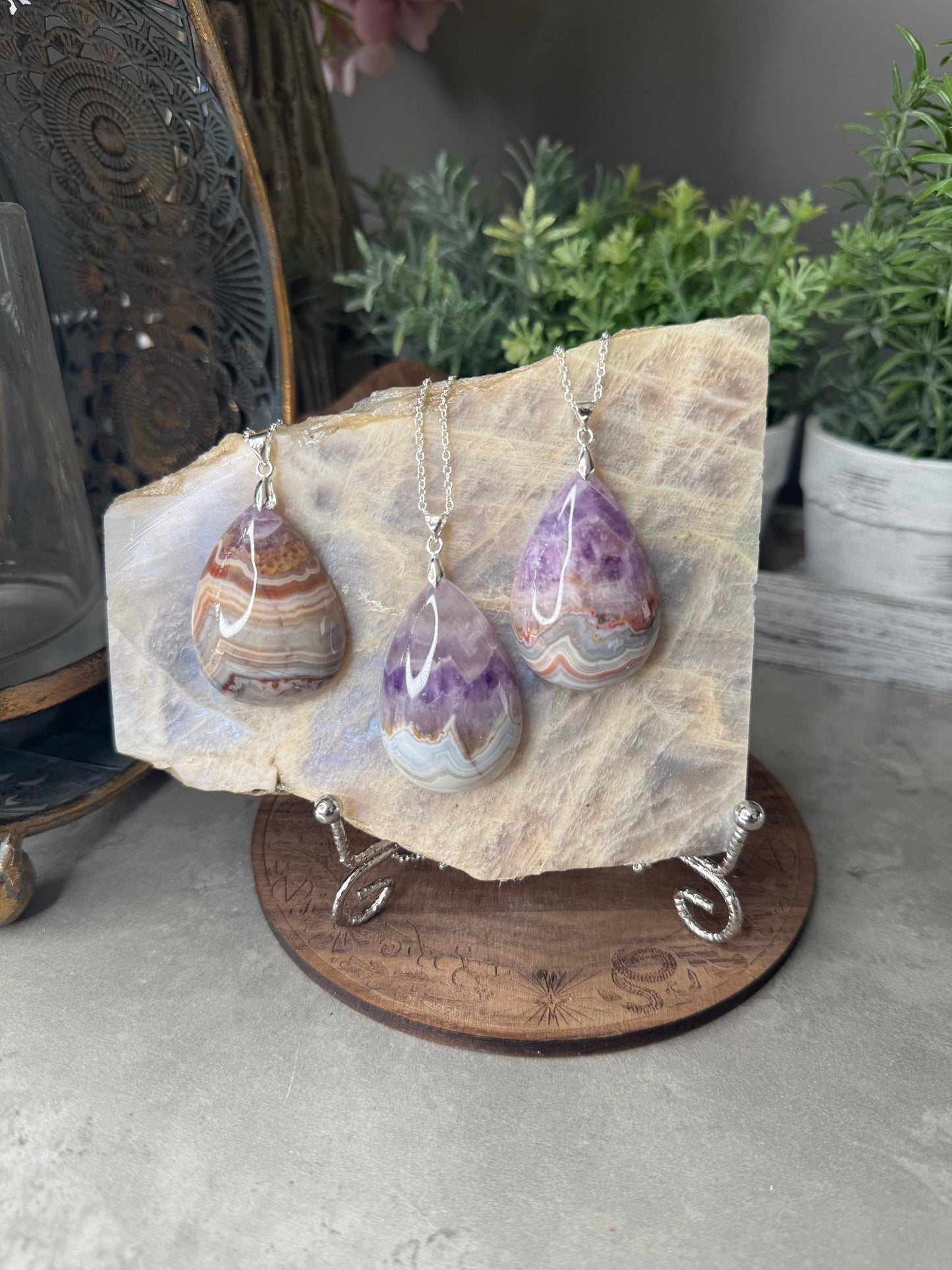 Large Amethyst Agate Silver Crystal Pendants with Chain