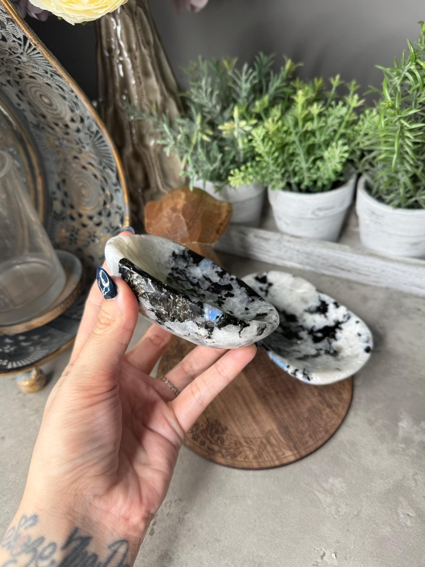 Rainbow Moonstone Crystal Bowl with Pyrite Inclusions
