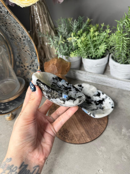 Rainbow Moonstone Crystal Bowl with Pyrite Inclusions