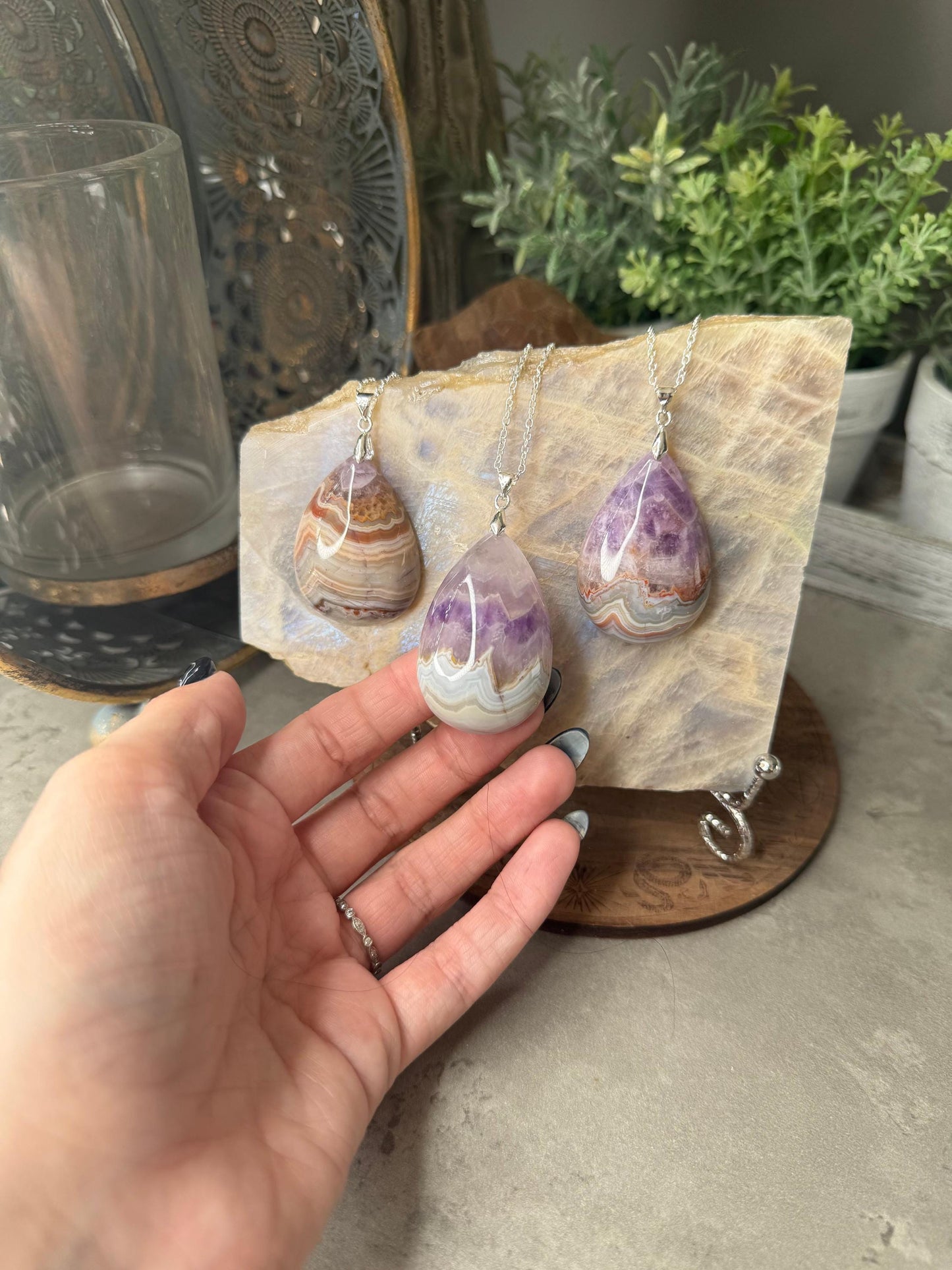 Large Amethyst Agate Silver Crystal Pendants with Chain