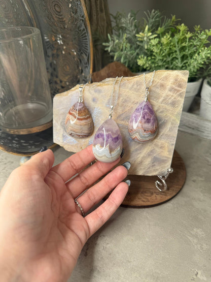 Large Amethyst Agate Silver Crystal Pendants with Chain