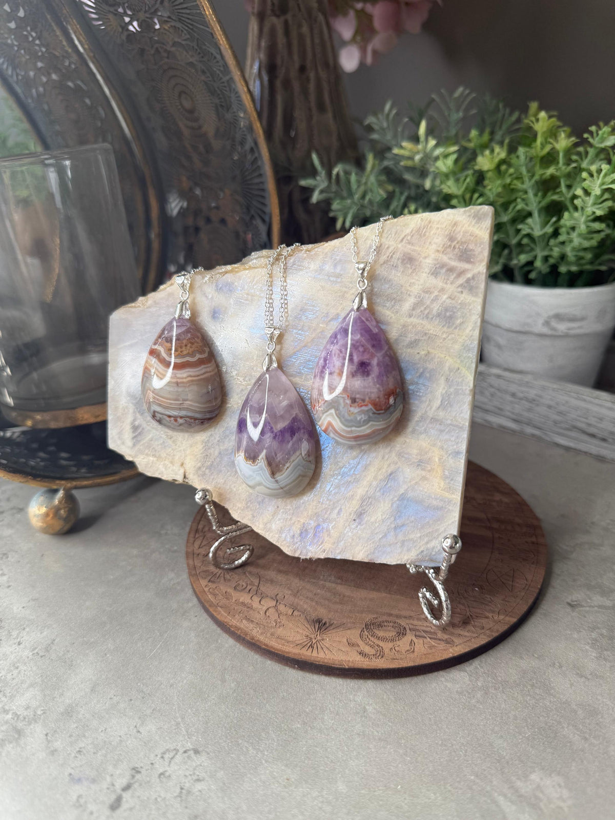 Large Amethyst Agate Silver Crystal Pendants with Chain