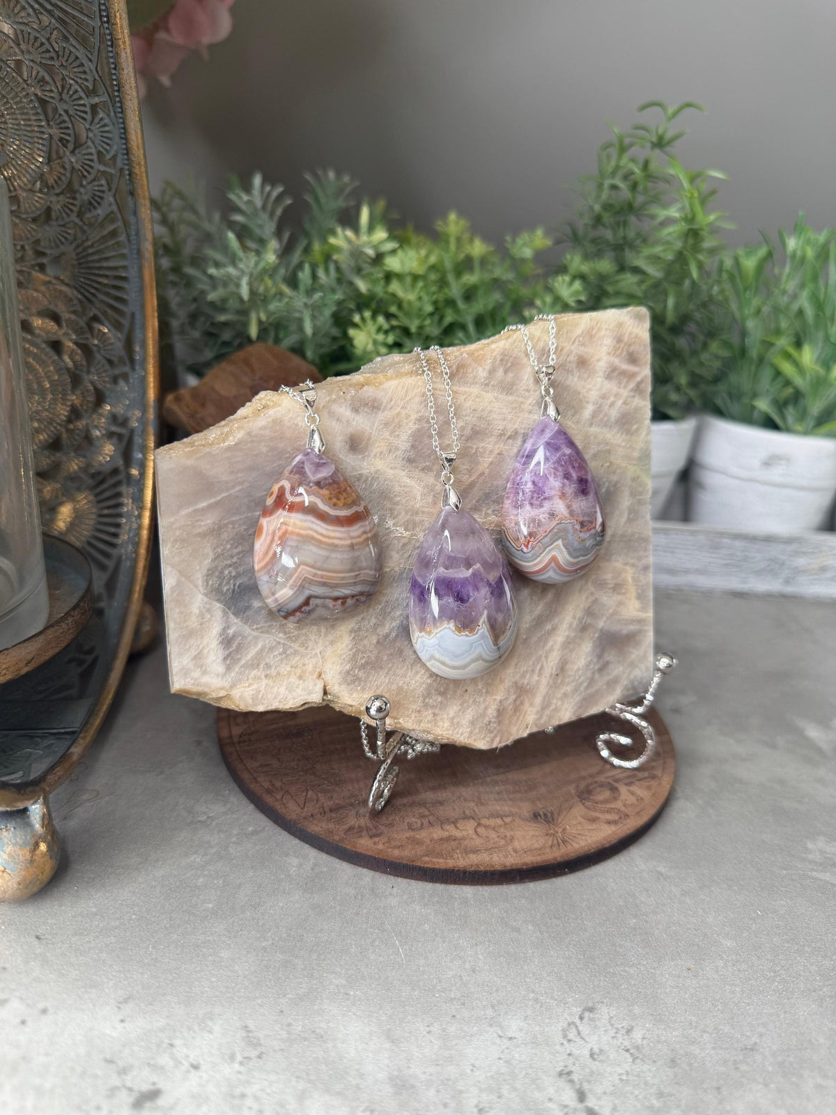 Large Amethyst Agate Silver Crystal Pendants with Chain