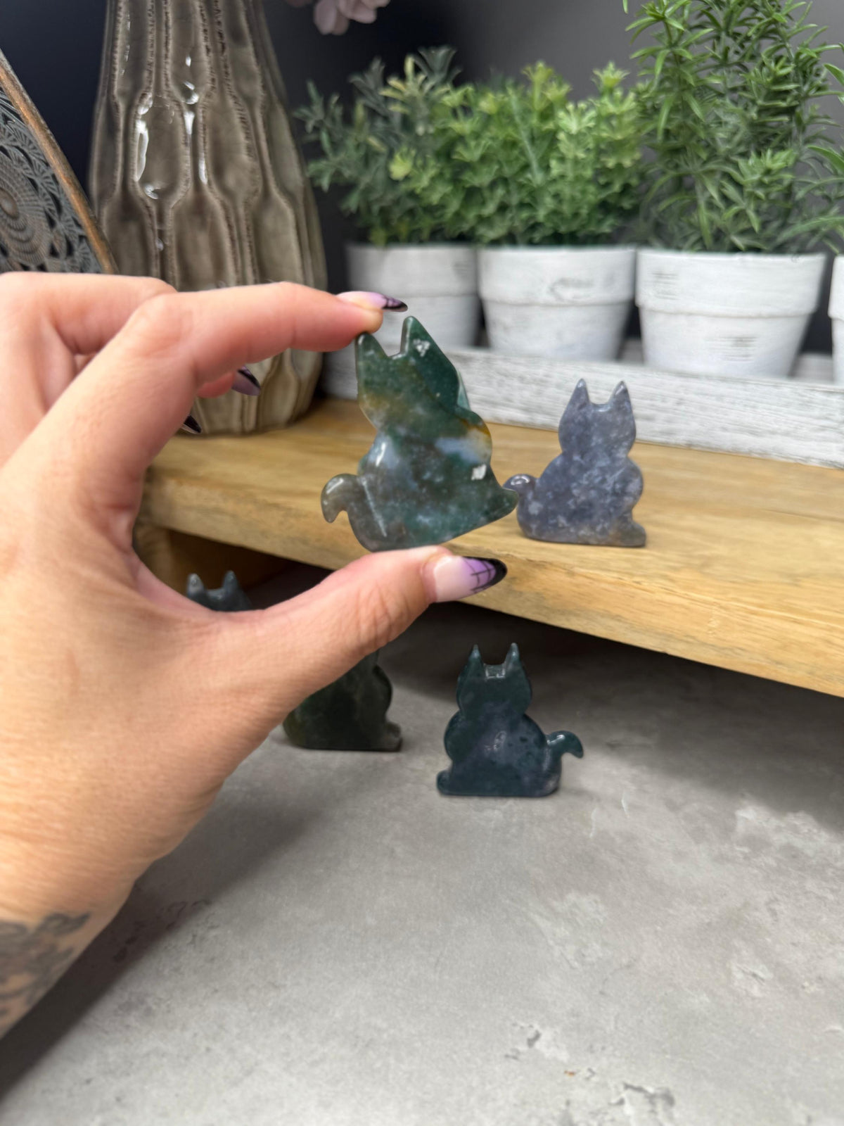 Moss Agate Crystal Cat Carvings