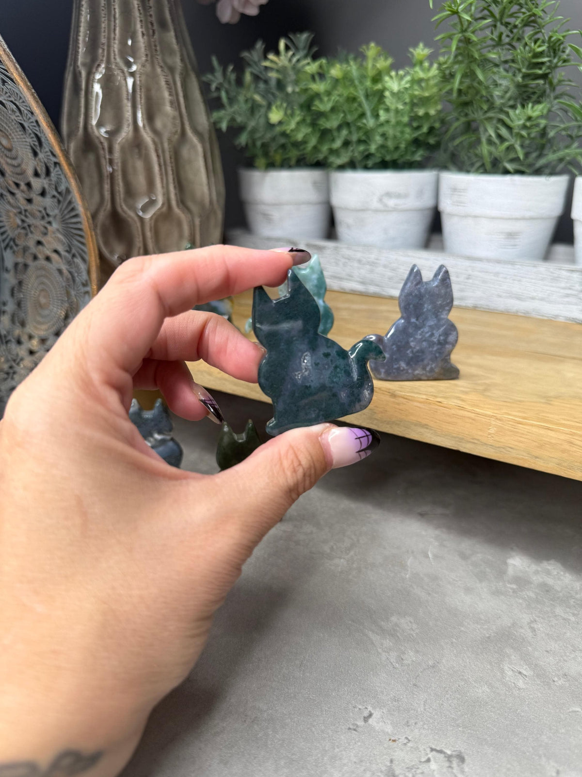 Moss Agate Crystal Cat Carvings